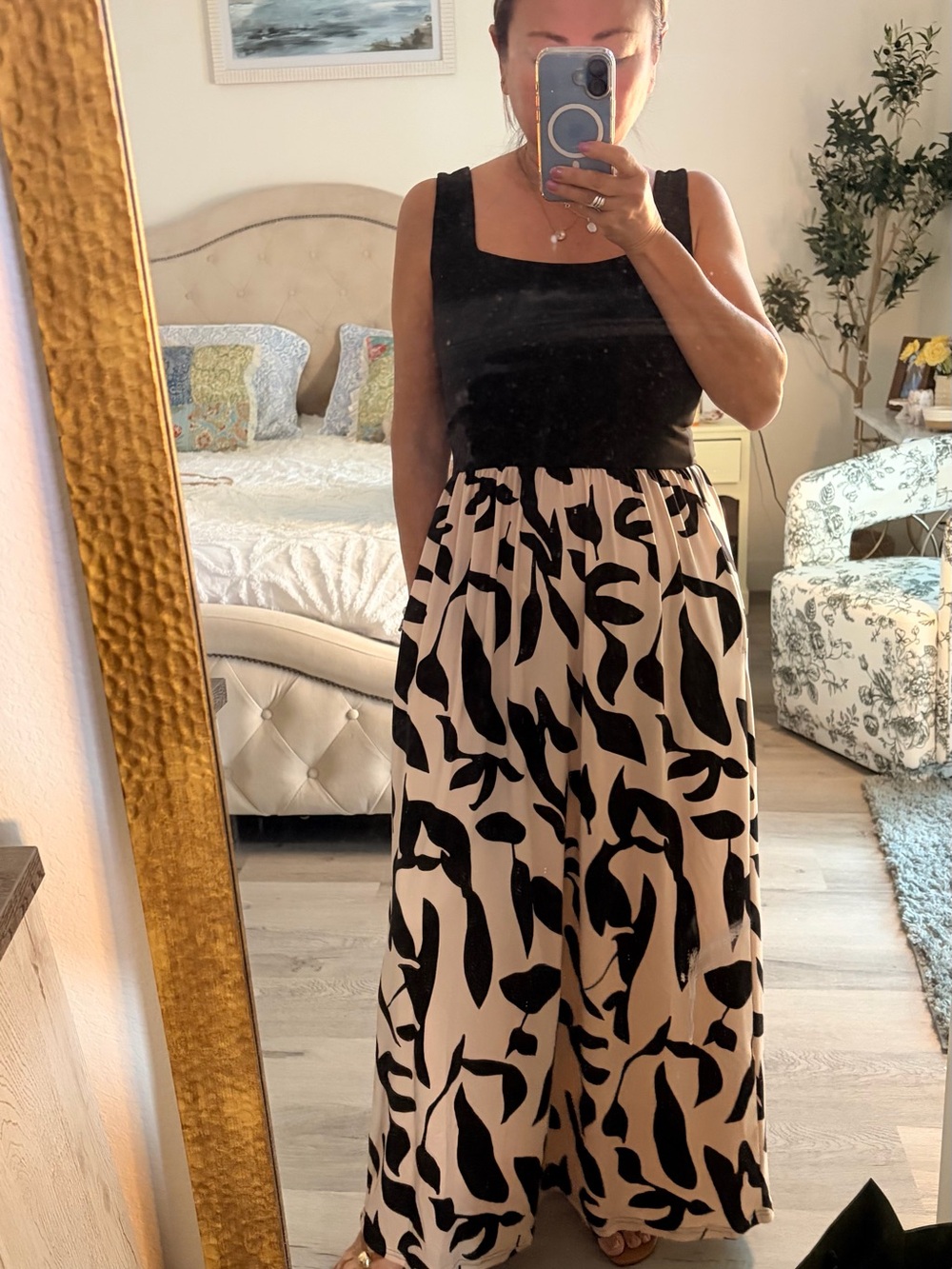 Amazon Black & Cream Sleeveless Maxi Dress with Bold Print